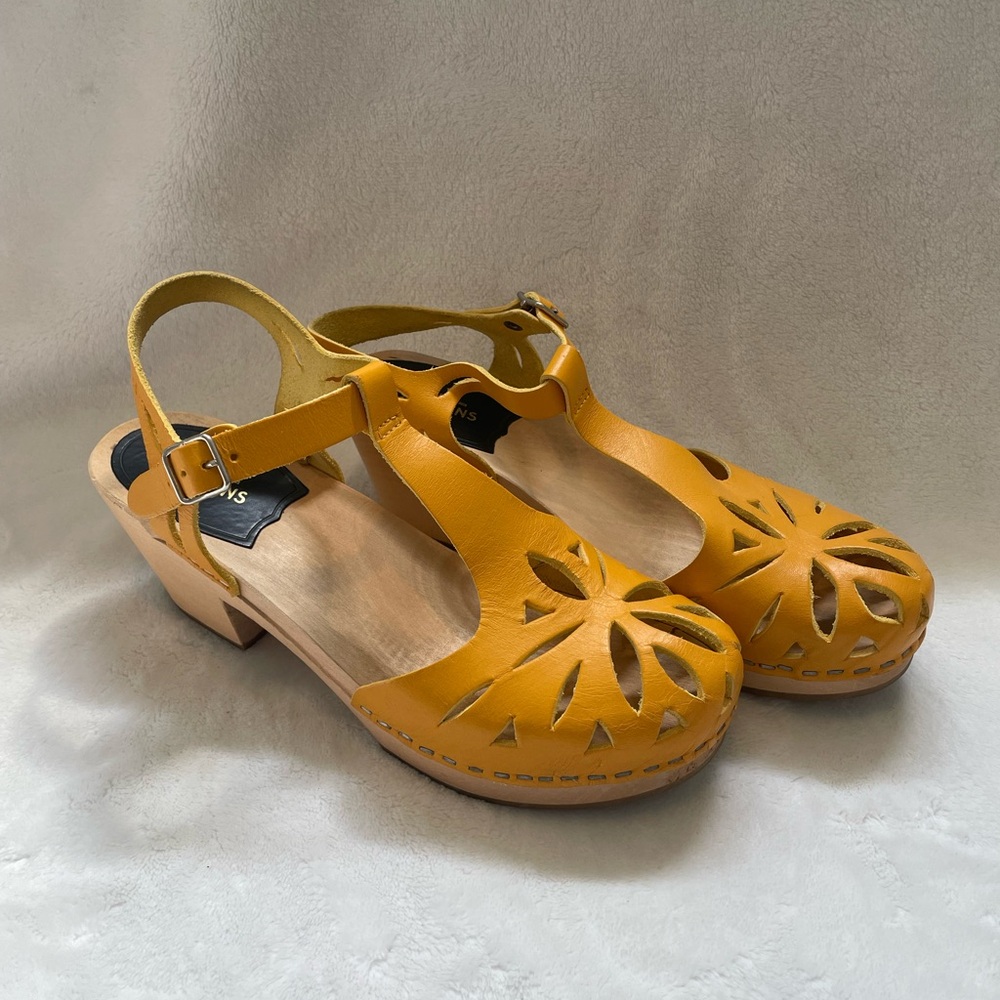 Swedish Hasbeens Yellow Leather Mules